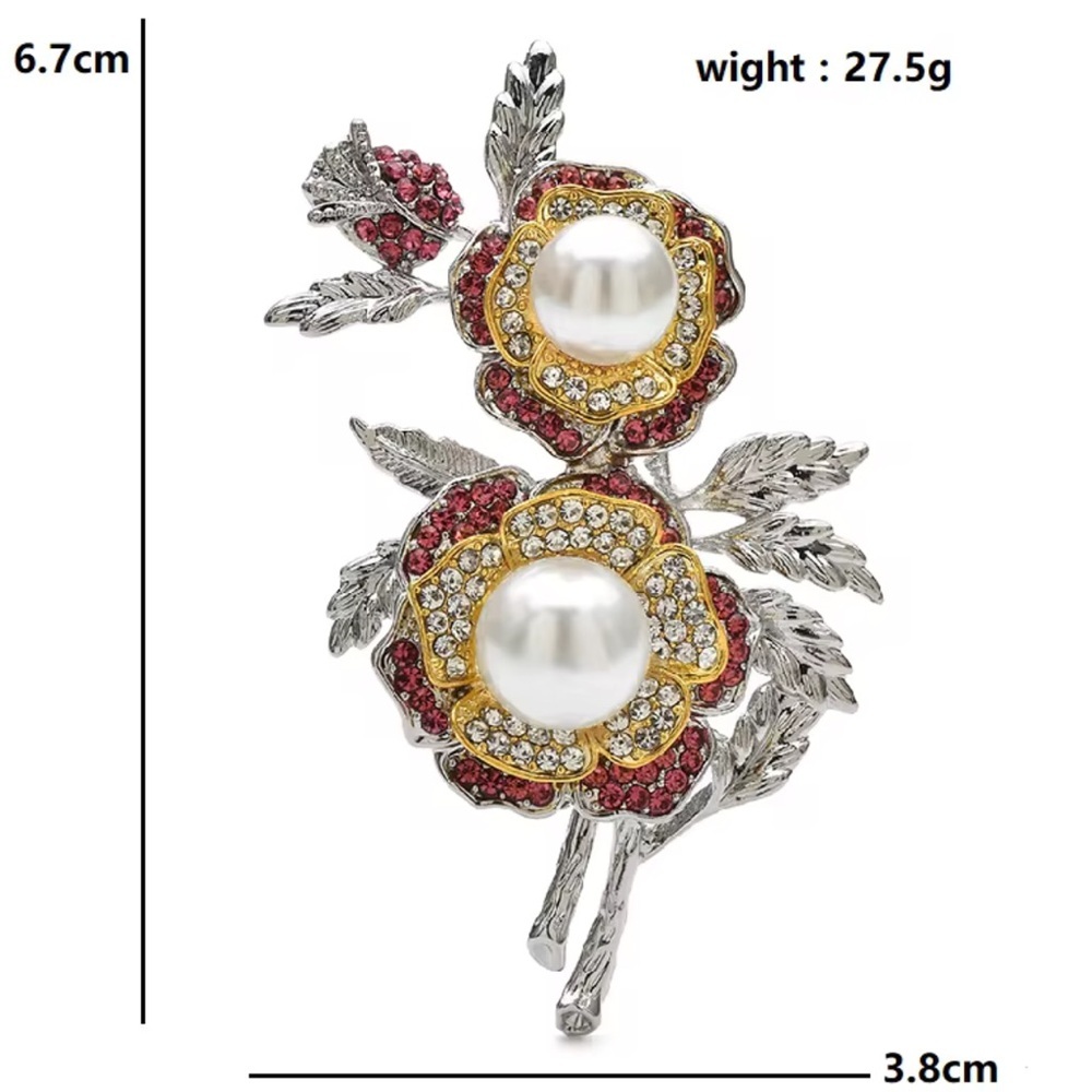 Floral Elegant Silver Gold Brooch with Pearls - Picture 4 of 5